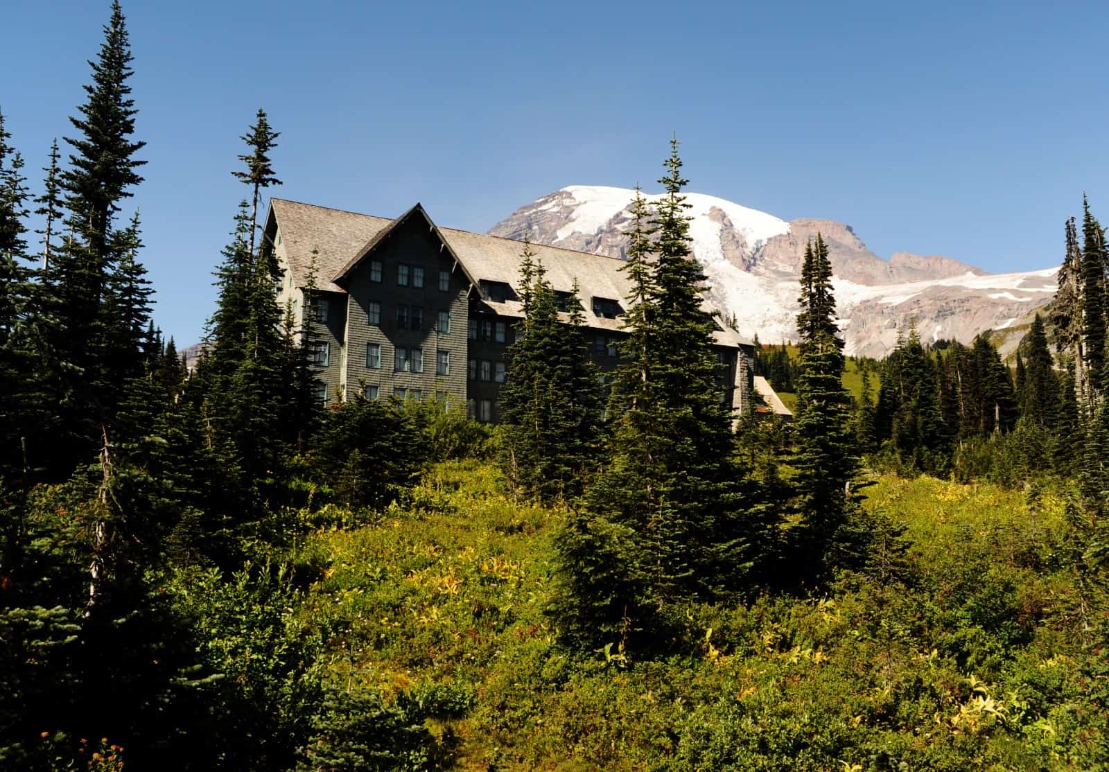 The Paradise Inn nestled below the top of Mt. Rainier
