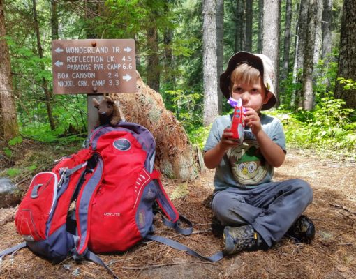 Young boy drinking from a carton while sitting by a trail sign