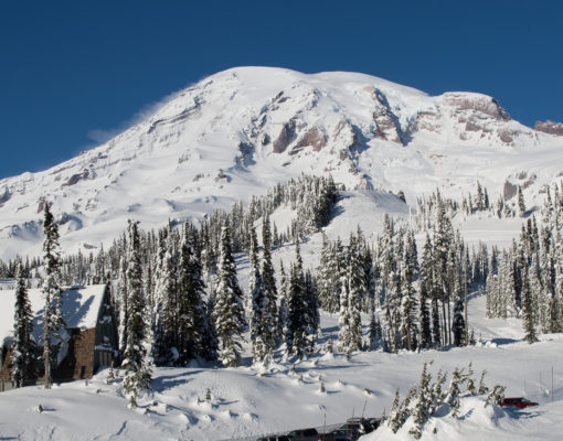 Mount Rainier covered with snow in the Winter
