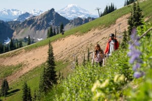 Hikers at Crystal Mountain Resort with Mount Rainier in the background, wildflowers in the foreground