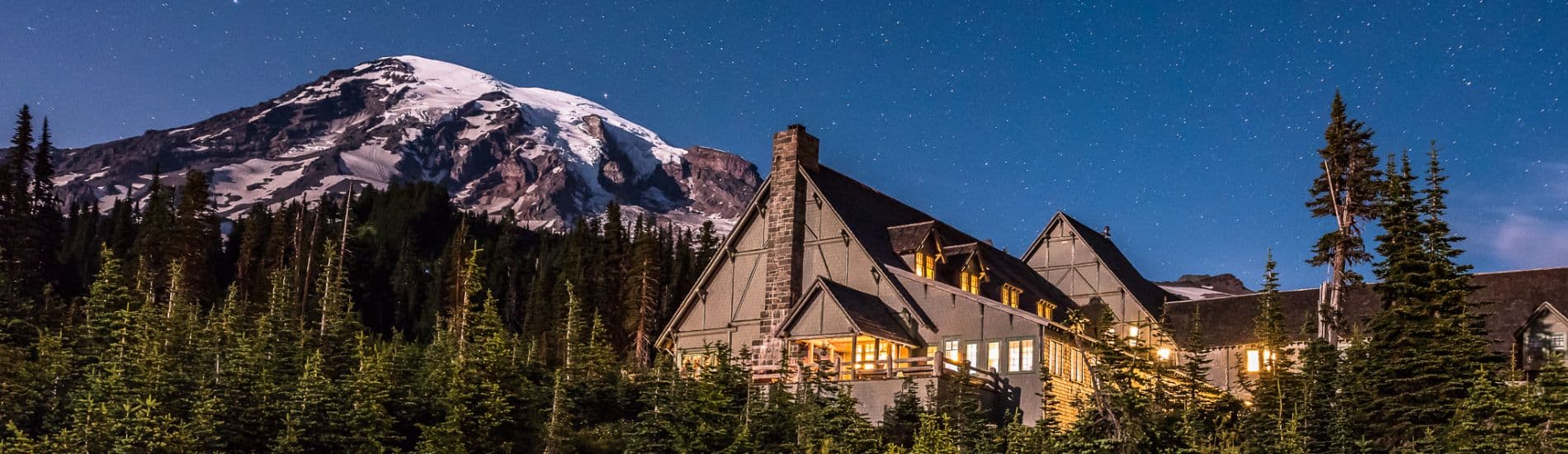 Starry Night Photo of Mount Rainier and Paradise Inn for Game Day